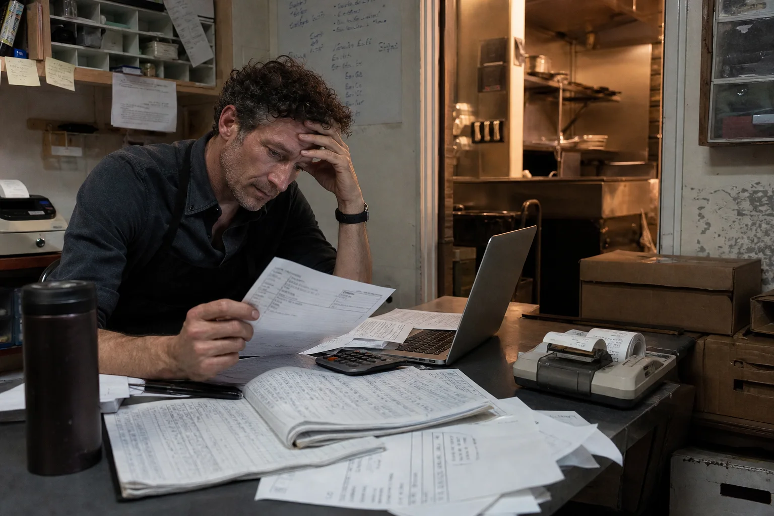 Restaurant operator reviewing invoices and inventory paperwork after closing