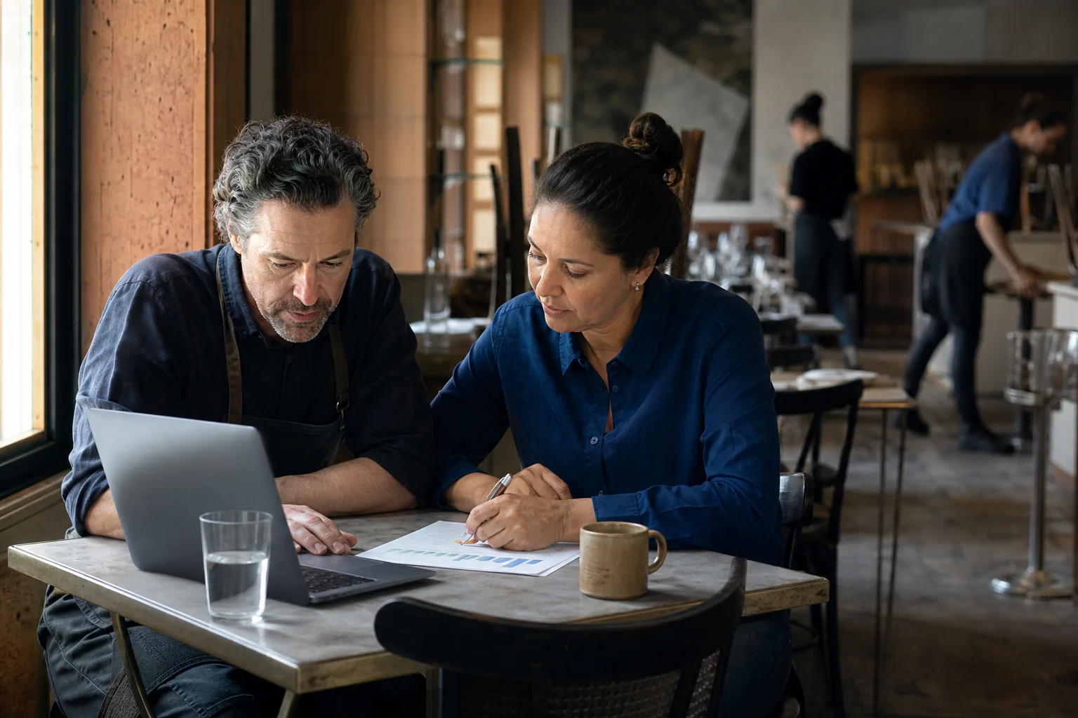 Restaurant owner and operations manager reviewing weekly performance together